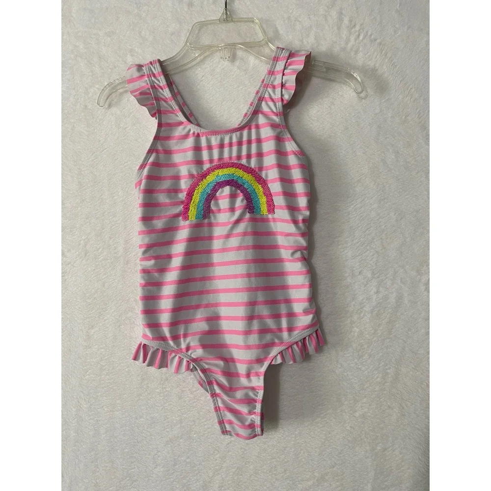Tommy Bahama Girls White Sequin Rainbow Ruffle One Piece Swimsuit Size 7